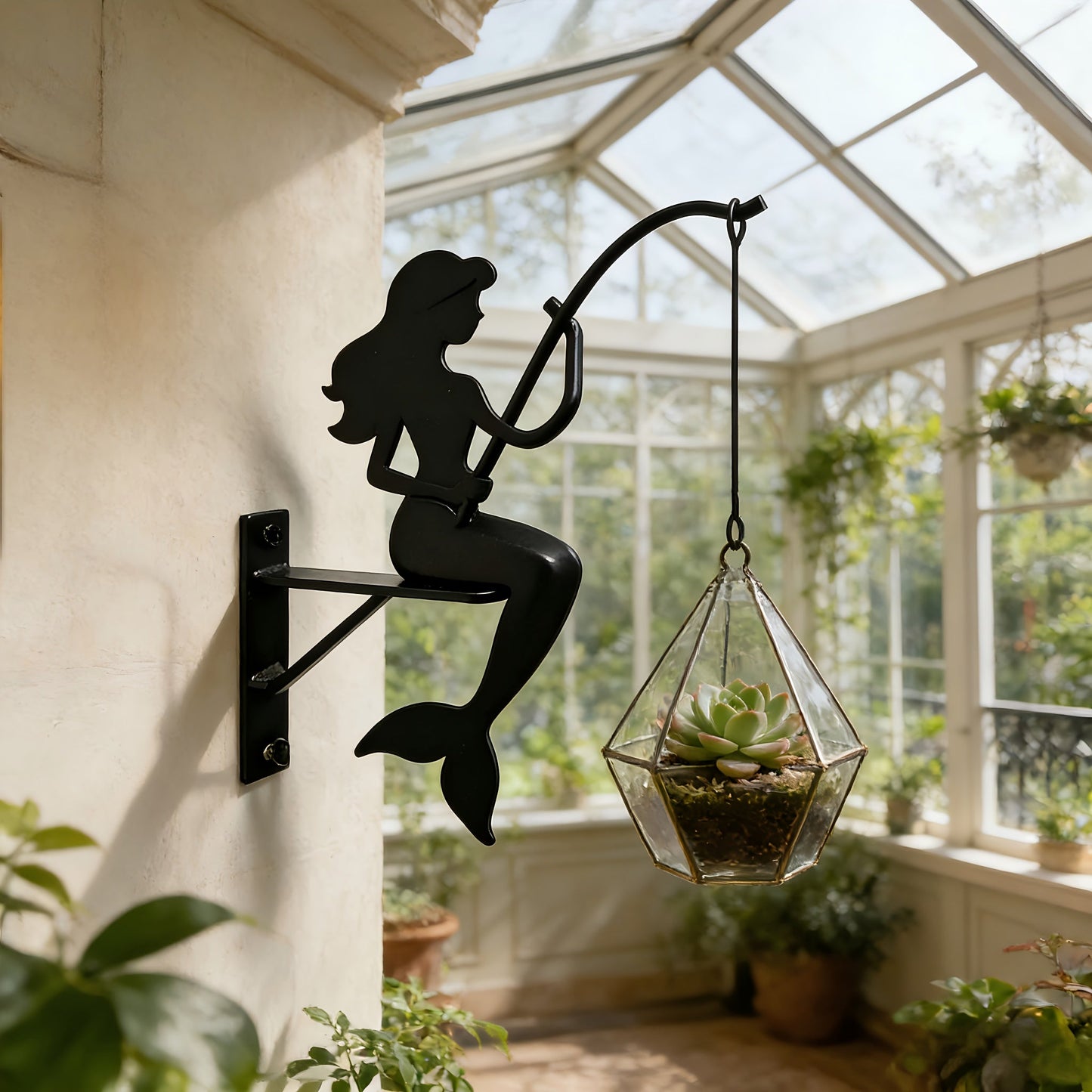 Mermaid Wall Planter Bracket with 9.05-Inch Silhouette, Hanging Hook and Black Metal-Look Finish