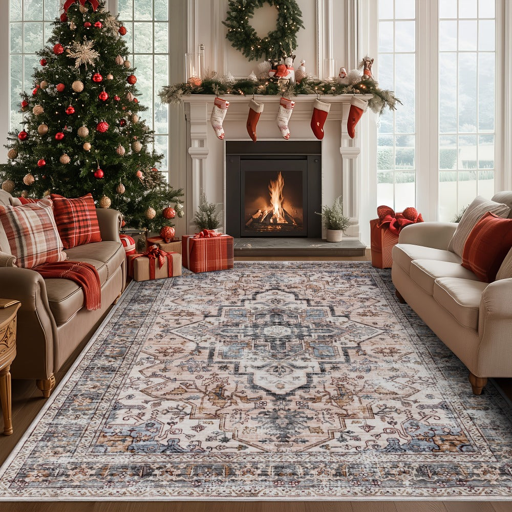 Area Rug Bohemian Retro Design in Beige or Grey with Six Foldable Machine-Washable Room Sizes