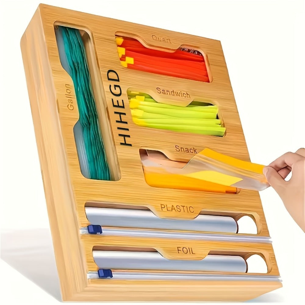 Bamboo Ziplock Bag Organizer Box for Kitchen Drawer - Adjustable Dividers, Compatible with Gallon Quart Sandwich Snack Bags