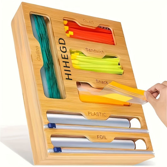 Bamboo Ziplock Bag Organizer Box for Kitchen Drawer - Adjustable Dividers, Compatible with Gallon Quart Sandwich Snack Bags, Space-Saving Fresh-Keeping Storage, Easy to Clean, Durable