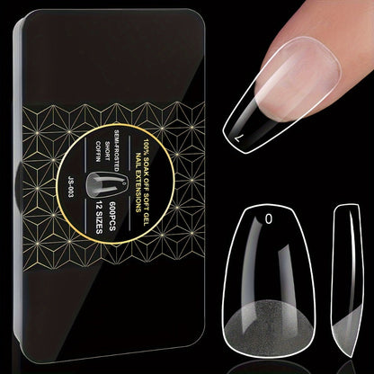 Clear Full-Cover Nail Tips, 600-Piece Set in Nine Almond, Oval, Stiletto, Coffin and Square Length Options