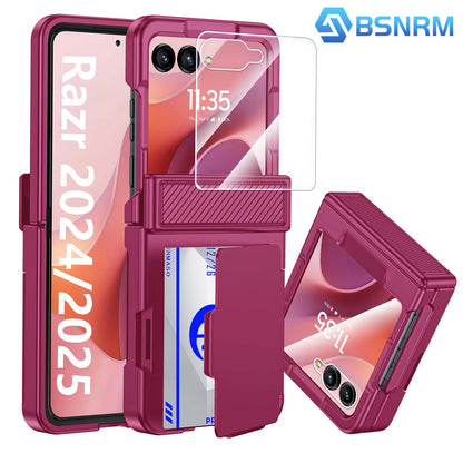 Phone Case Hinge Protector with Built-In Screen Cover, Card Clip and Lanyard for Motorola Razr 2024 and 2025