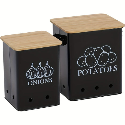 Kitchen Storage Canister Potato Onion Storage Bin Aerating Ventilation Holes Wooden Lid for Home Cooking, Dining and Outdoor Meals