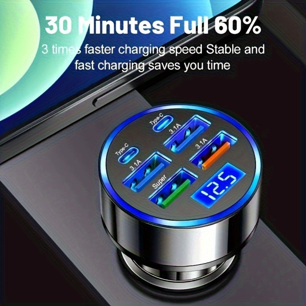 6-in-1 Car Charger 2-Pack with Ambient Light & Voltage Display – Dual PD Fast Charge + QC3.0 + 4 USB Ports Matte Finish – Multi Port USB Car Charger for iPhone 15 14 13 Samsung Android 12V 24V