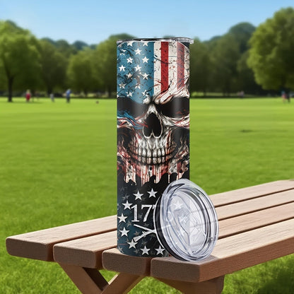 Insulated Tumbler 20oz Patriotic Skull Graphic in Blue with Stainless Steel, Lid and Straw