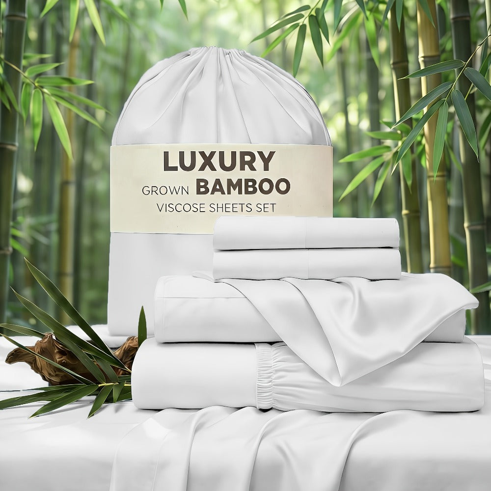 Bed Sheet Set 4-Piece Bamboo-Derived Rayon with Deep-Pocket Fitted Sheet in Twin, Full, Queen and King Sizes