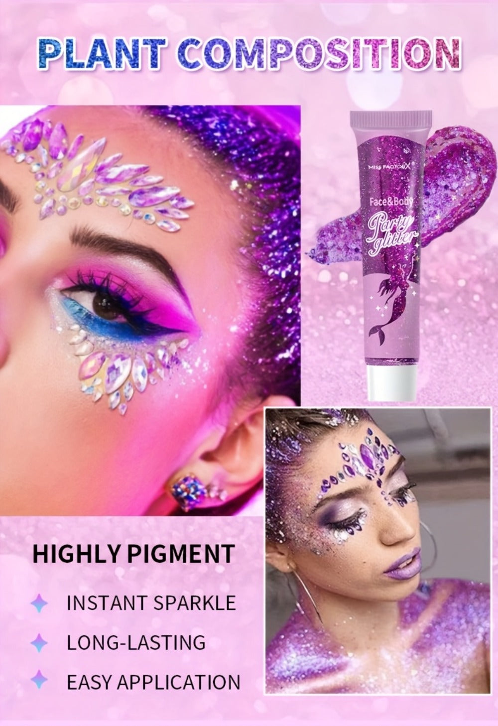 30-Piece Face and Body Glitter Gel Set with Mermaid Shapes, Stars and Hearts for Festival Makeup