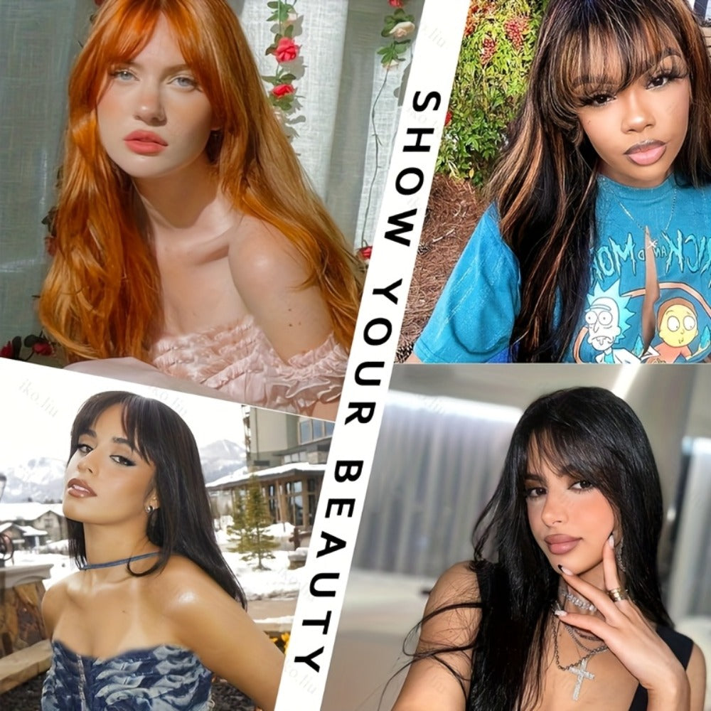 Long Straight Synthetic Lace-Front Wig with Curtain Bangs and Five 26-Inch Solid or Gradient Color Options
