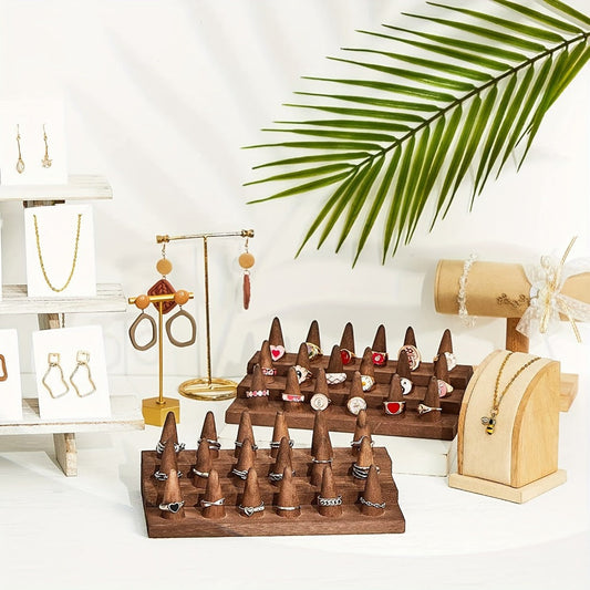 Jewelry Organizer Solid Wood Ring Display Stand in 2-Tier 12-Ring or 3-Tier 18-Ring Options