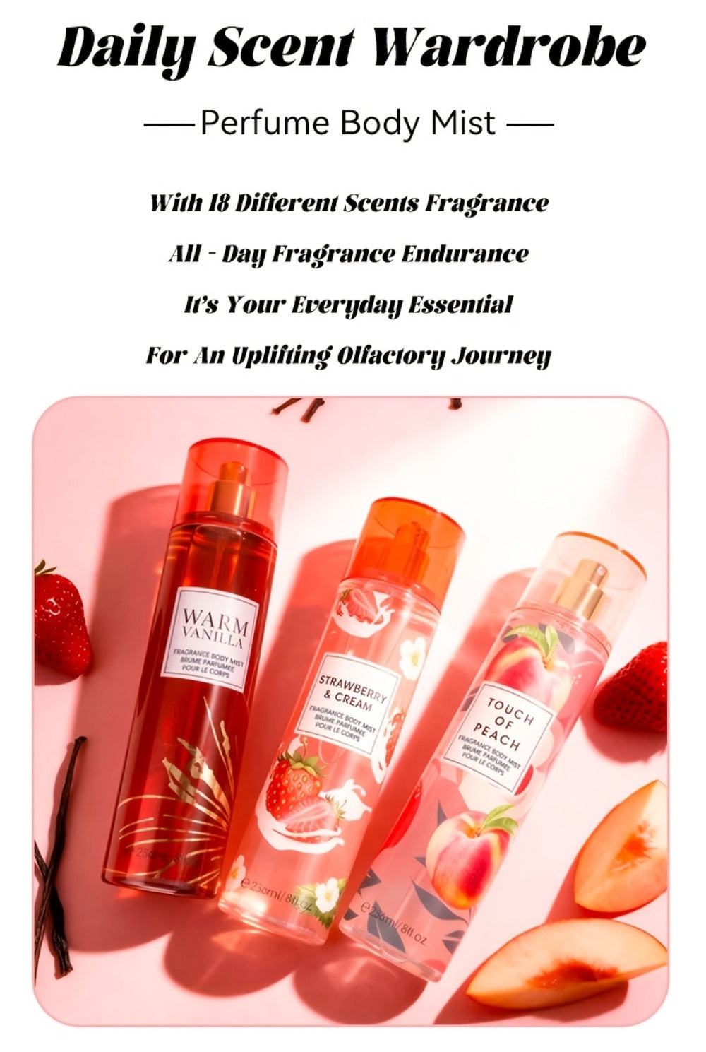 Body Spray for Women 4-Pack 8.4oz Each Hair Body Fragrance Mist Set 20 Floral Fruity Scents Daily Use Gift Value Bundle 250ml Per Bottle
