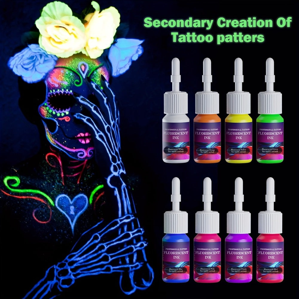 Tattoo Ink DMTATTOO UV Blacklight Set with Eight 5ml Bottles in White, Red, Orange, Green, Yellow, Purple, Blue and Pink