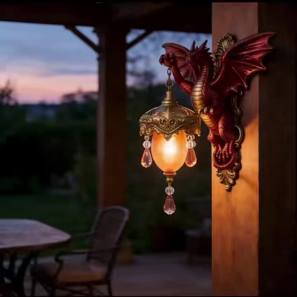 Red Dragon Wall Accent Light with Antique-Gold Lantern Shade and Amber Teardrop Decorations