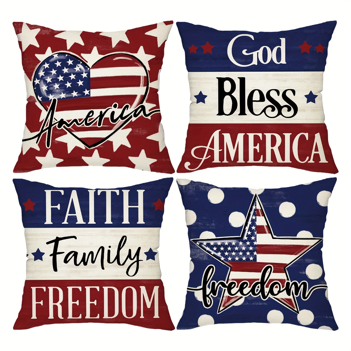 Four-Piece 18 x 18-Inch Patriotic Throw Pillow Cover Set with American Flag, Star and Typography Prints