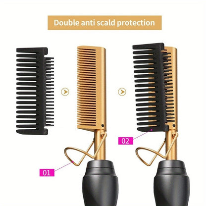 Electric Hot Comb Hair Straightener Ceramic Copper Heating Plate Portable Heat Press Comb for Curl Straight Style Beard Wig Wet Dry Hair Styling Tool for Women Men