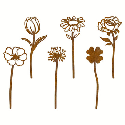 Rustic Flat Metal Flower Garden Stakes, Six-Piece Rose, Daisy and Botanical Set for Pots and Borders