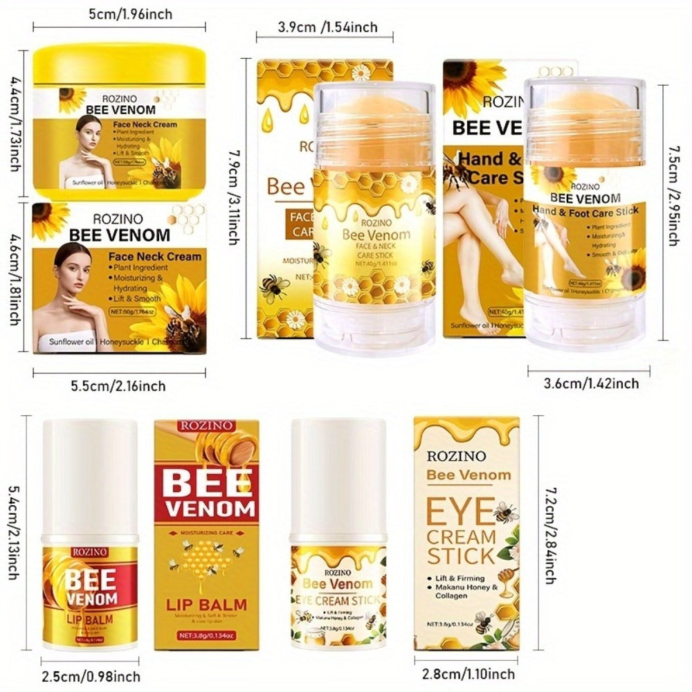 Skincare Set with ROZINO Label, 5 Bee Venom and Vitamin C Items for Lip Face Neck Hand and Foot Care