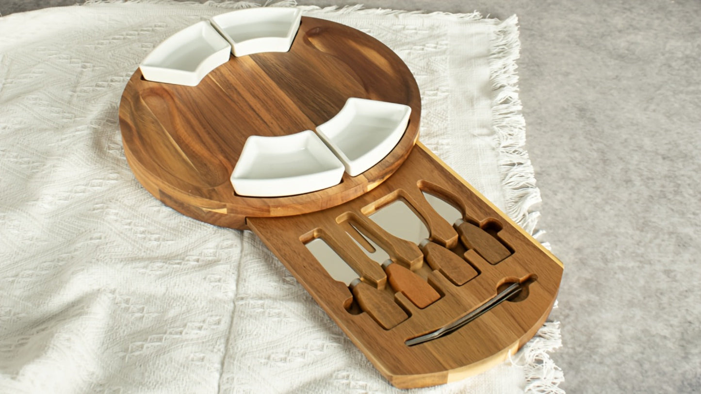 Round 13-Inch Wood-Look Charcuterie Board Set with Four White Bowls, Utensil Drawer and Serving Tools