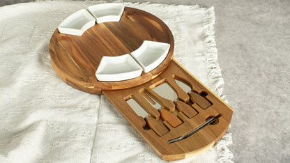 Round 13-Inch Wood-Look Charcuterie Board Set with Four White Bowls, Utensil Drawer and Serving Tools