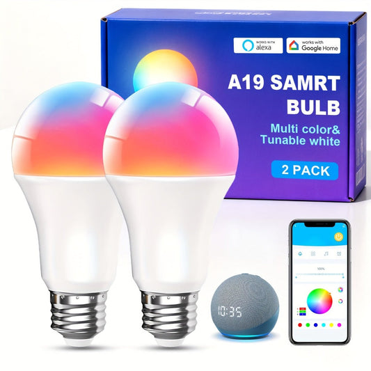 Smart Light Bulbs RGBCW Color Changing A19 E26 9W 800LM WiFi Bluetooth LED Bulb Compatible with Alexa Google Home 16 Million Colors Music Sync Dimmable for Bedroom Living Room Party Halloween Decor 2 4 6 Pack