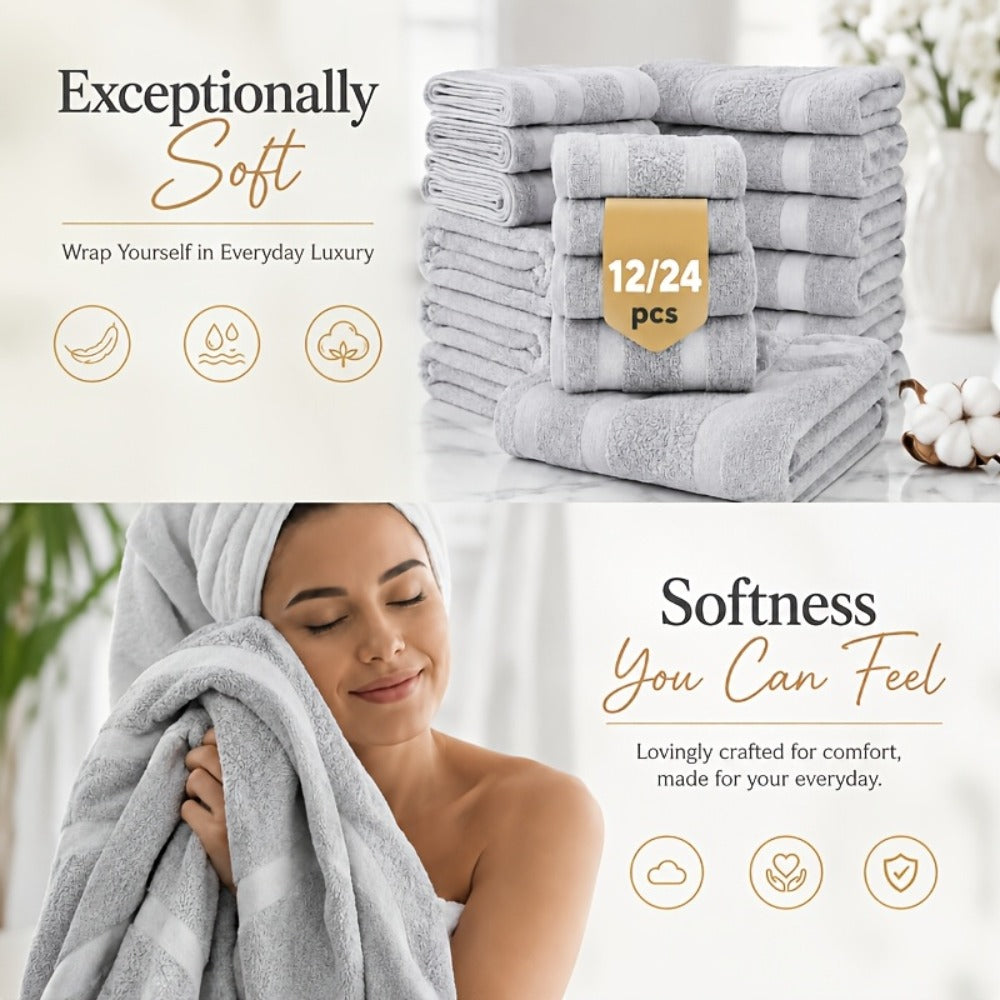 Luxury Towel Set 12 or 24 Piece Hotel Quality Cotton - Highly Absorbent Quick Dry Thick Bath Towels Hand Towels Washcloths | 7 Colors | Hotel Spa Gym Home Bathroom Essentials Gift Set