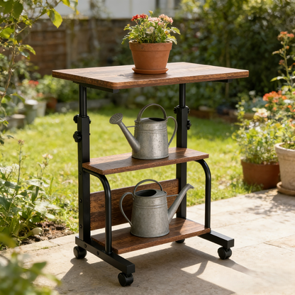 Two-Tier Mobile Garden Work Table with Wood-Look Top, Metal Frame, Storage Shelf and Locking Casters