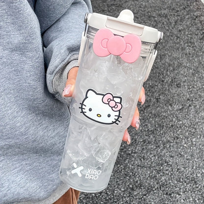 Hello Kitty Water Bottle with Straw 30 Oz – Large Capacity Cartoon Tumbler for Women & Girls – Portable Outdoor Sports Cup with Bow & Sticker – Cute Kawaii Plastic Drinkware Gift