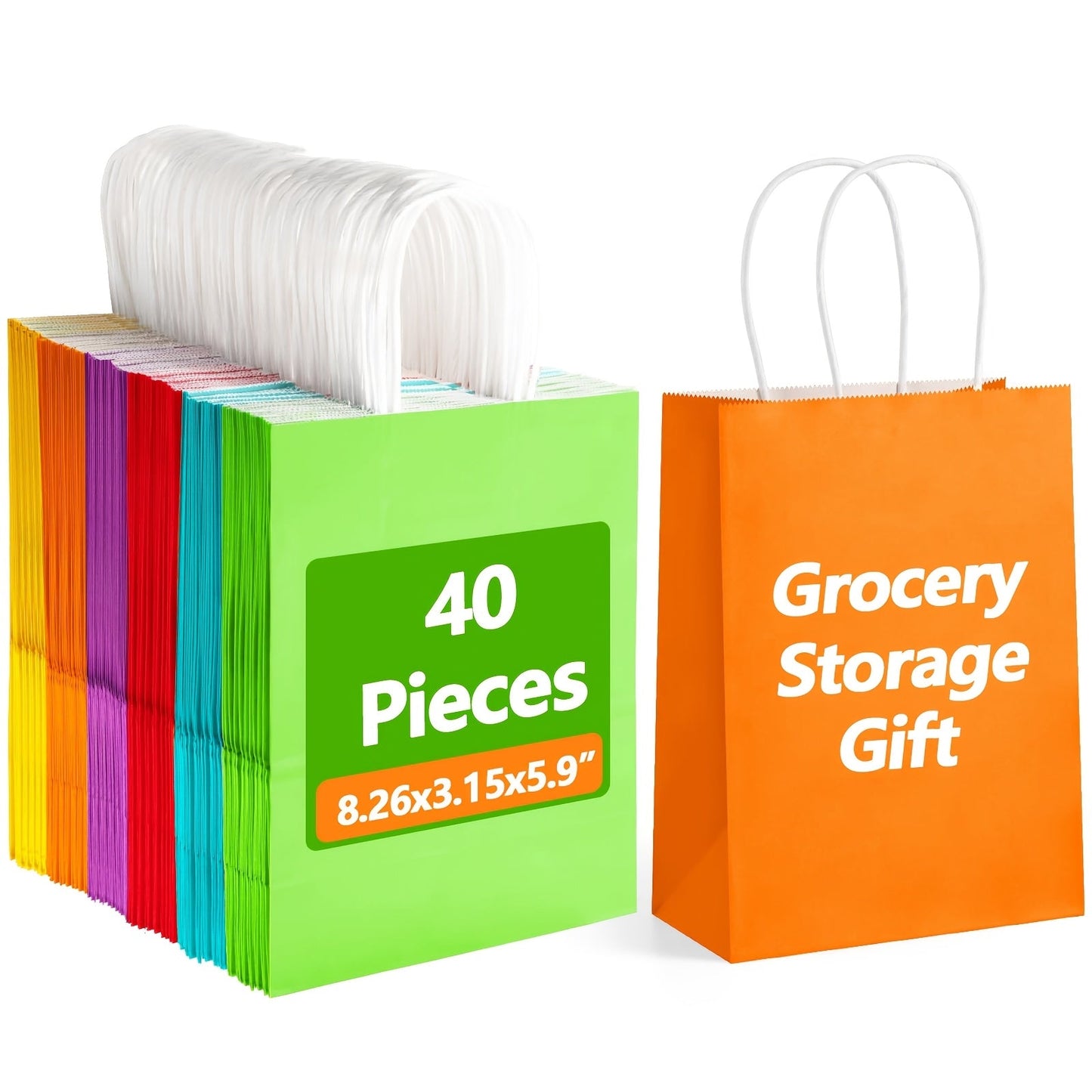 Paper Gift Bags with Handles Bulk 20/40/100pcs – Rainbow Colorful Kraft Party Favor Bags for Kids Birthday, Baby Shower, Wedding, Graduation, School Events & Retail Packaging, 10 Bright Colors