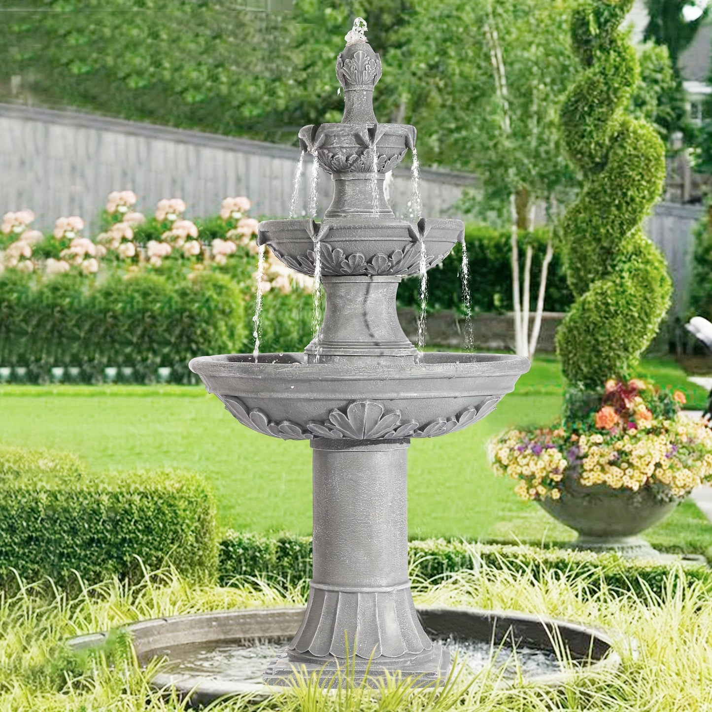 48.4 Inch Three-Tier Outdoor Water Fountain with Carved Flower Design in Three Finish Options