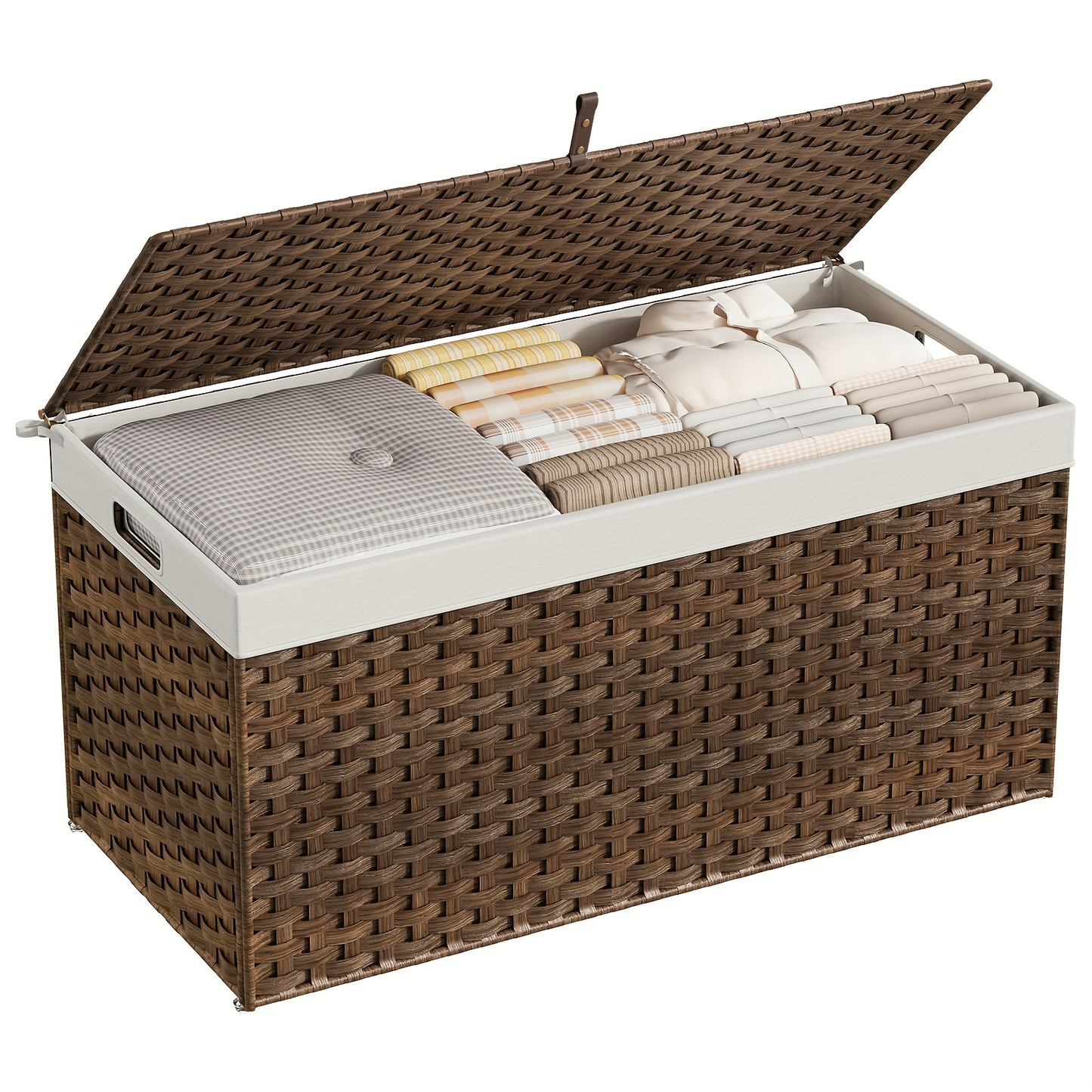 Large Storage Basket with Lid & Handles - 220L Handwoven Wicker Blanket Basket, Metal Frame, Soft Lining, Foldable for Bedroom, Laundry Room & Living Room