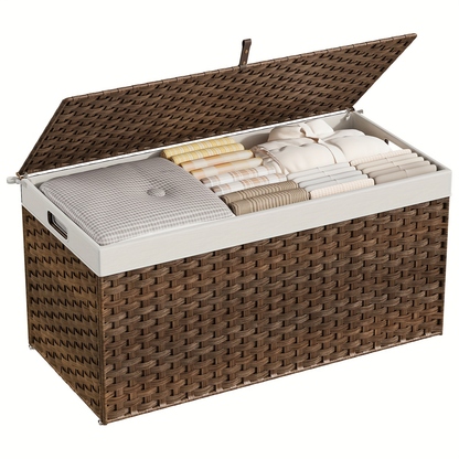 Large Storage Basket with Lid & Handles - 220L Handwoven Wicker Blanket Basket, Metal Frame, Soft Lining, Foldable for Bedroom, Laundry Room & Living Room