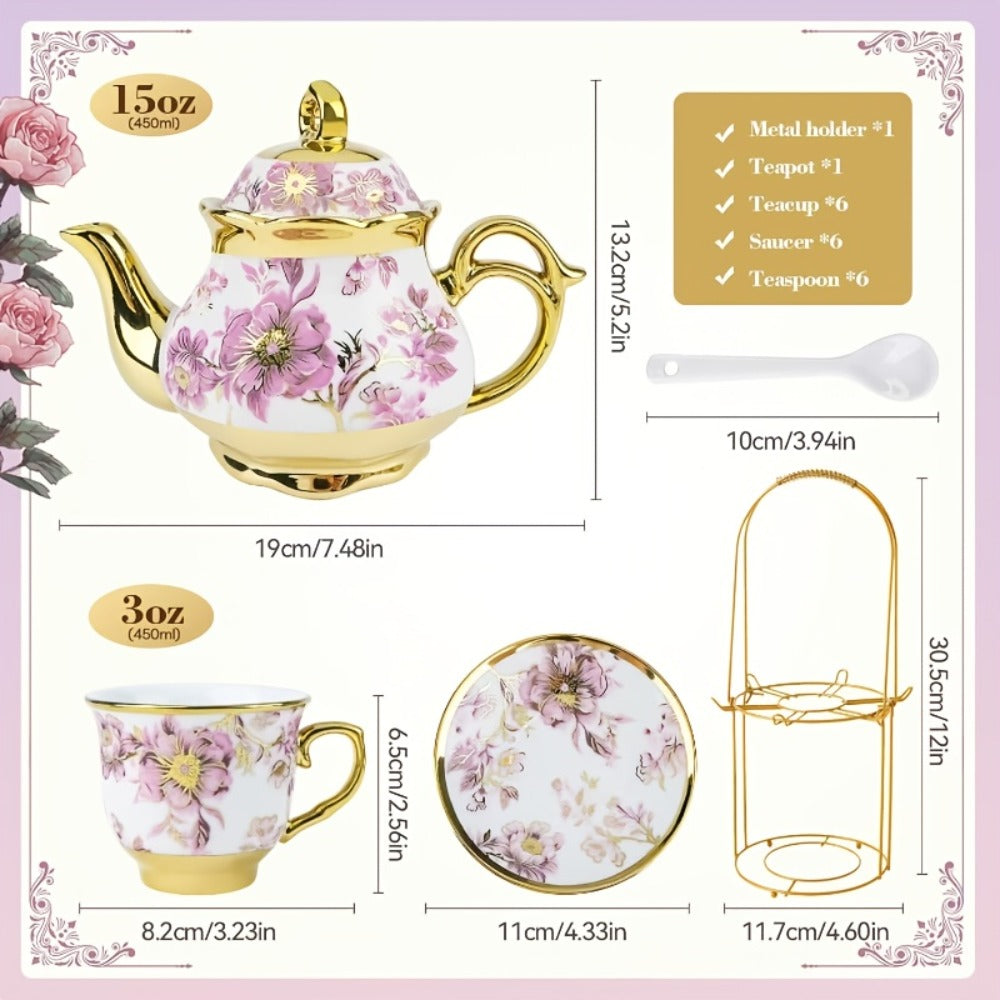 Twenty-Piece Floral Ceramic Tea Set with 15-Ounce Teapot, Six Cups, Saucers, Spoons and Gold Rack