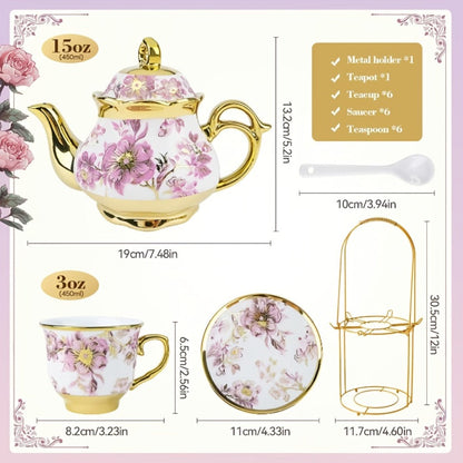 Twenty-Piece Floral Ceramic Tea Set with 15-Ounce Teapot, Six Cups, Saucers, Spoons and Gold Rack