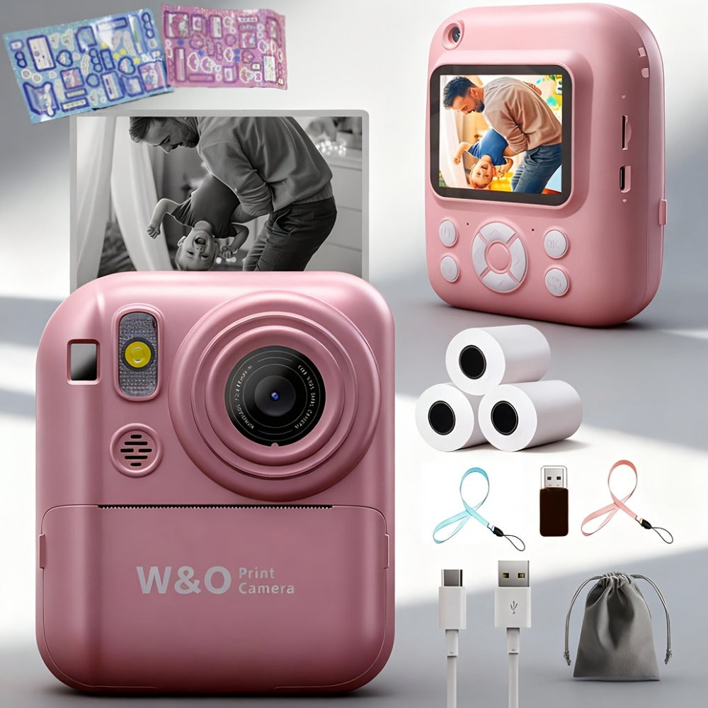 Kids Instant Print Digital Camera 1080P with 2.4" Screen, 3 Rolls Print Paper & 32GB Card – Cute Photo Camera Gift for Girls & Boys Ages 3-12, Pink / Blue