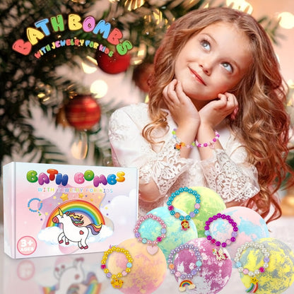 Bath Bombs, 6-Piece Unicorn Surprise Gift Set with Colorful Round Fizzers, Bracelet and Ring Accessories