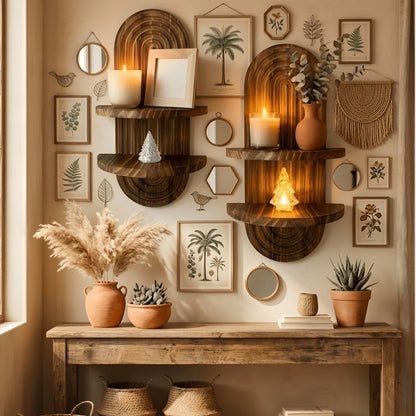 Two-Tier Bohemian Rainbow Arch Floating Wall Shelf in Log Color with Solid-Wood Display Platforms