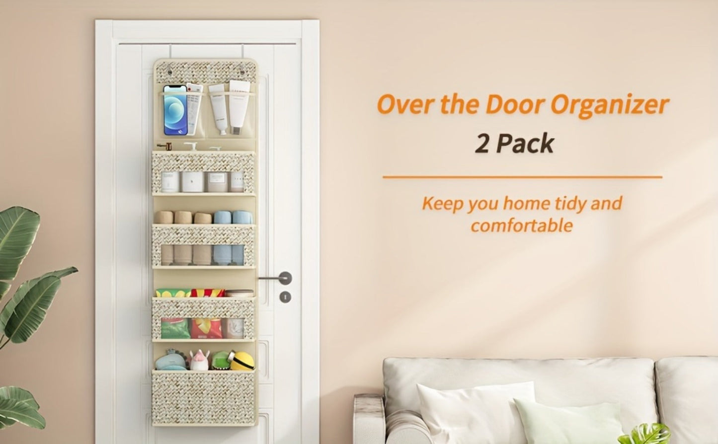 2-Pack Over-The-Door Hanging Organizer with 5 Shelves & 4 Clear Pockets – Beige Rattan Storage Rack for Closet, Bedroom & Bathroom