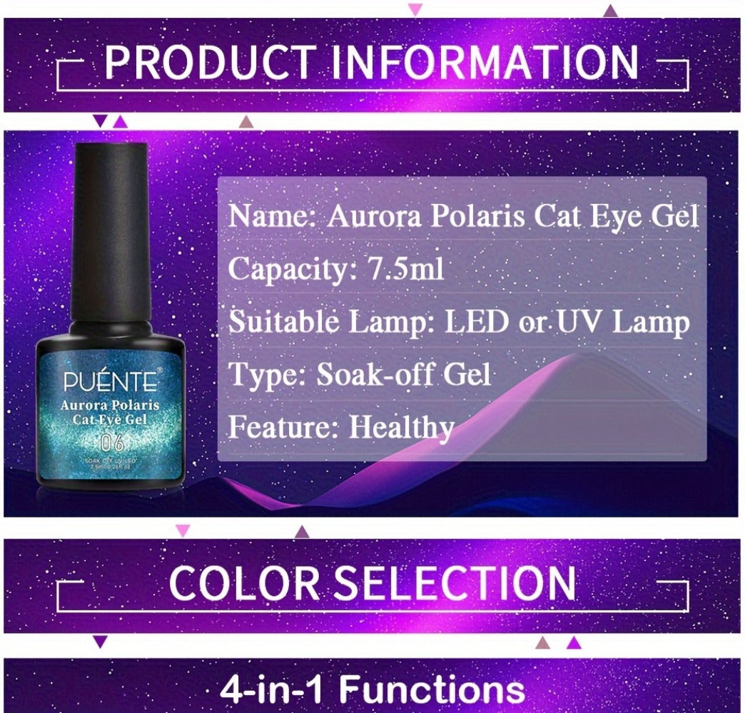 Cat Eye Gel Nail Polish Set 6Pcs 9D Aurora Magnetic Glitter Pearl Shell Effect – Soak-Off Semi-Permanent UV LED Gel Varnish Nail Art Kit for Home Salon Manicure Gift for Women