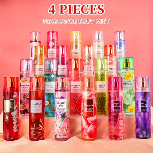 Body Spray for Women 4-Pack 8.4oz Each Hair Body Fragrance Mist Set 20 Floral Fruity Scents Long Lasting Daily Use Gift Value Bundle 250ml Per Bottle