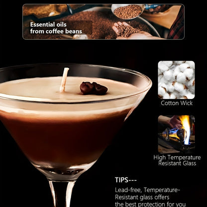 Coffee Martini Candle in Stemmed Glass with Layered Design, Coffee Bean and Glitter Details