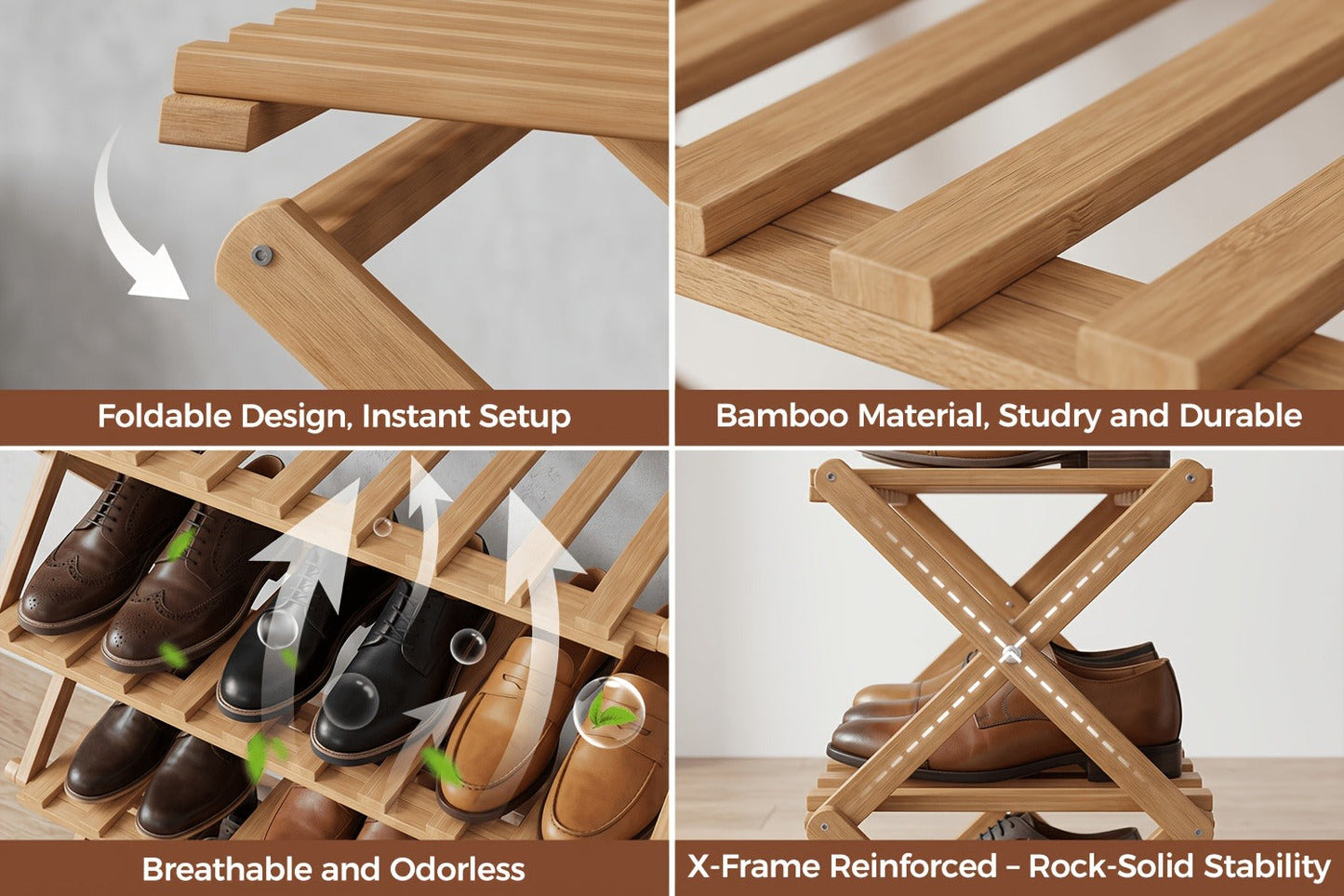 Foldable Bamboo-Labeled Shoe Rack with Six- or Eight-Tier Primary and Brown Checkout Options