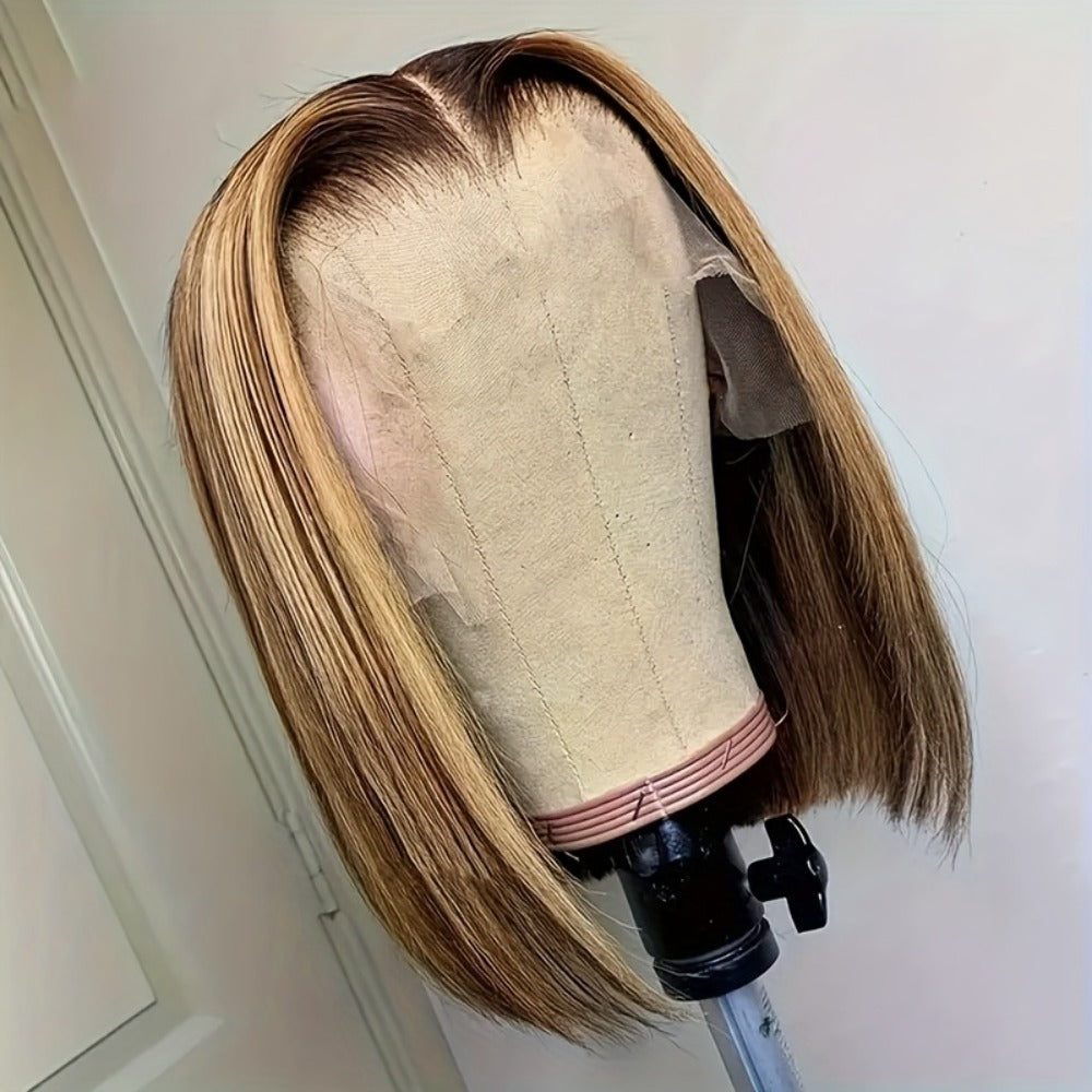 P4/27 Honey Highlight Bob Wig 5x1 Lace Front Short Straight Human Hair 180% Density – Glue Free Wear and Go Pre-Painted Pre-Styled Women 8 10 14 Inch Beginner Friendly