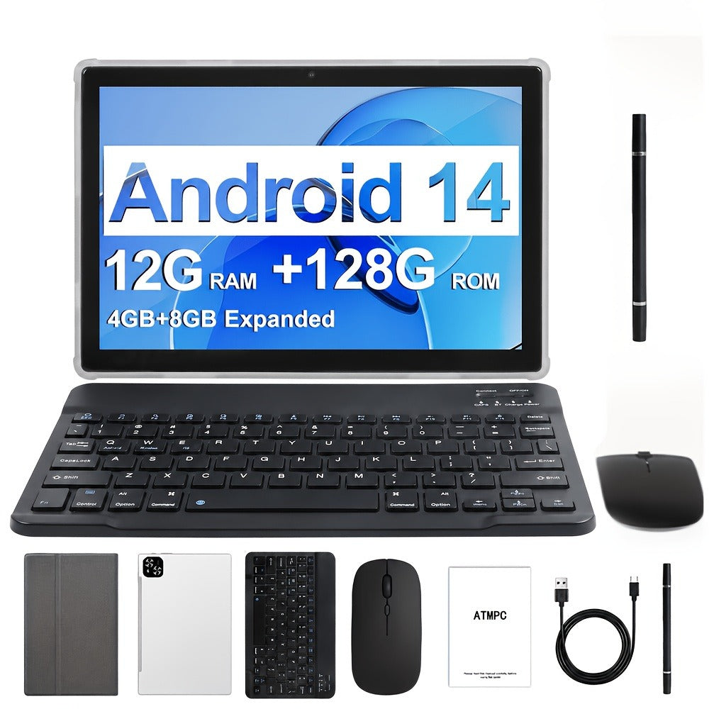 2-in-1 Tablet 10.1 Inch Android 14 12GB RAM 128GB ROM Octa-Core 5G WiFi 6 GMS Certified IPS 1280x800 Display with Keyboard Mouse Case Stylus USB OTG Dual Camera Portable Tablet PC Silver
