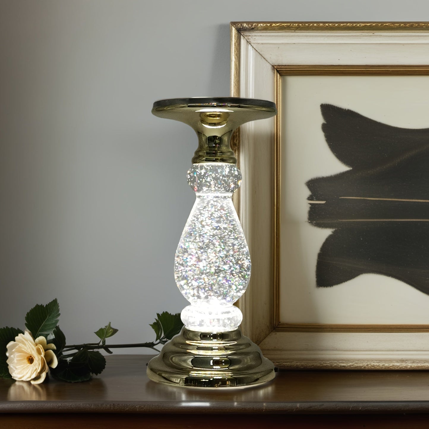Candle Holder LED Swirl Globe Pedestal with Acrylic Water Chamber, Top Candle Tray and Silver, Gold or Santa Options