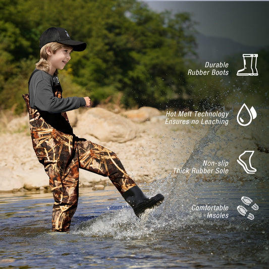 Kids Chest Waders Waterproof with Attached Boots - Youth Nylon Fishing & Hunting Waders, Cartoon Stripe Design, Lock Closure, Ages 4-13, Christmas & Easter Gift for Boys & Girls