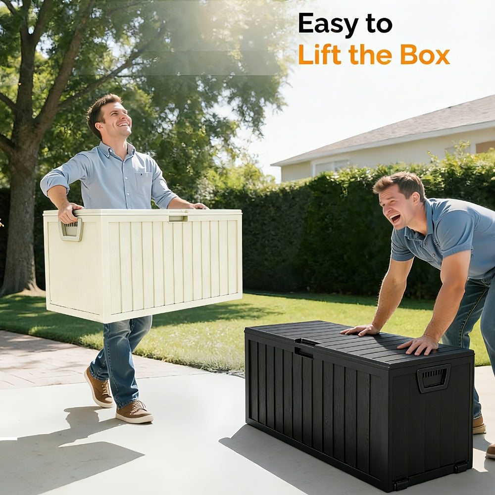 75-Gallon Outdoor Storage Box with Hinged Lid, Side Grips, Small Wheels and Three Color Options