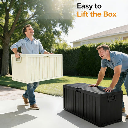 75-Gallon Outdoor Storage Box with Hinged Lid, Side Grips, Small Wheels and Three Color Options