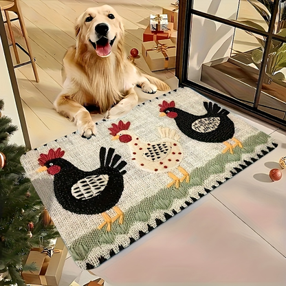 Rooster Print Door Mat with Light Striped Field and Fringed-Look Border in Three Rectangles or One Runner