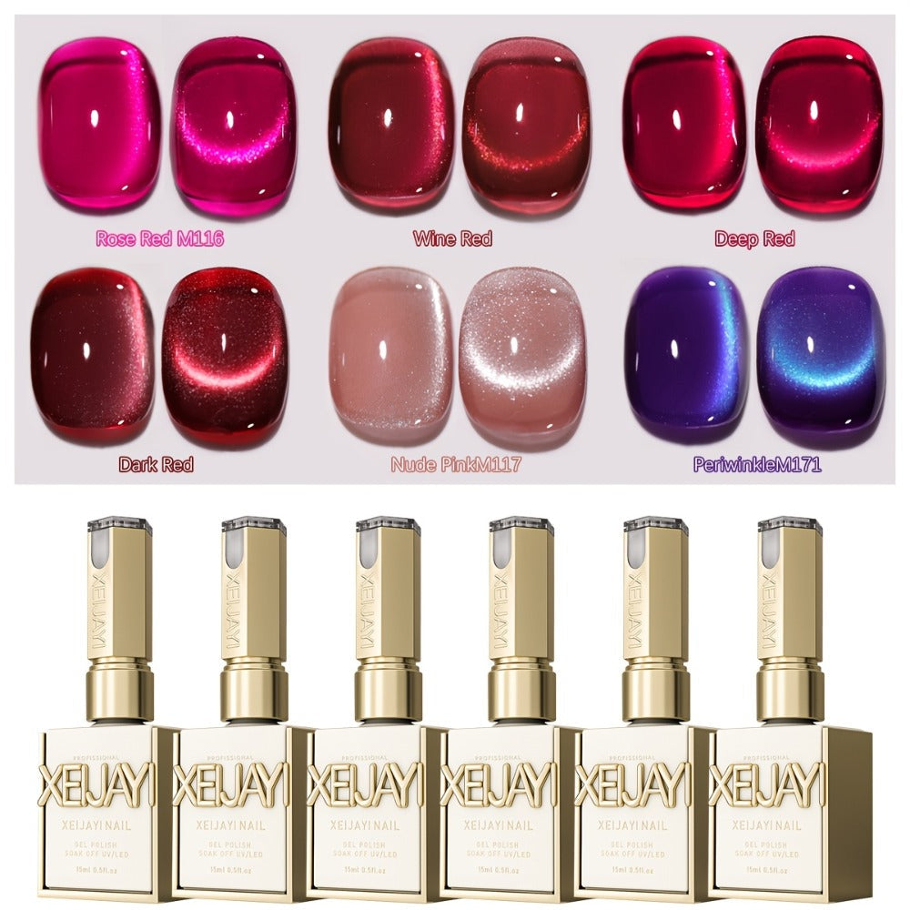Gel Nail Polish 6-Color Berry Magnetic Cat-Eye Set in Frame Bottles with Plum-to-Magenta Shades