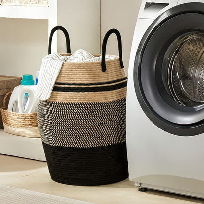 Tall Bohemian Rope Laundry Hamper with Extended Handles, Tassel Detail and Exact Black-and-Brown Option