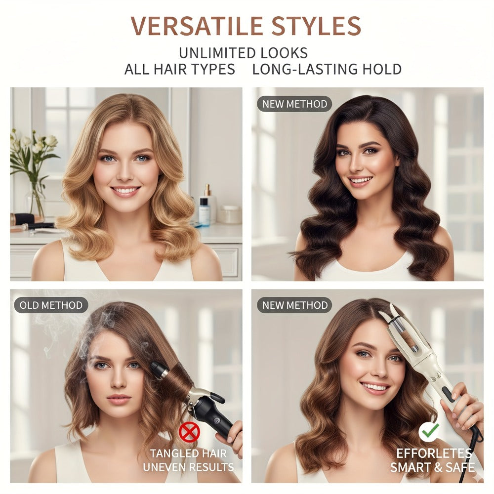 Automatic Rotating Curling Wand Hair Styling Tool with 150-210 C Settings and Three Color Options